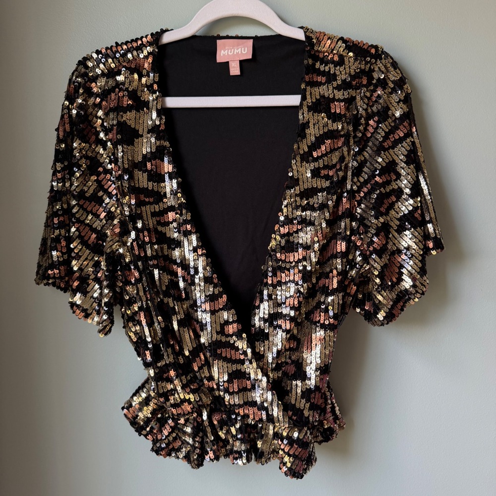 Show Me Your Mumu Cheetah Leopard Print Sequin Top Short Sleeve Peplum V-Neck XL